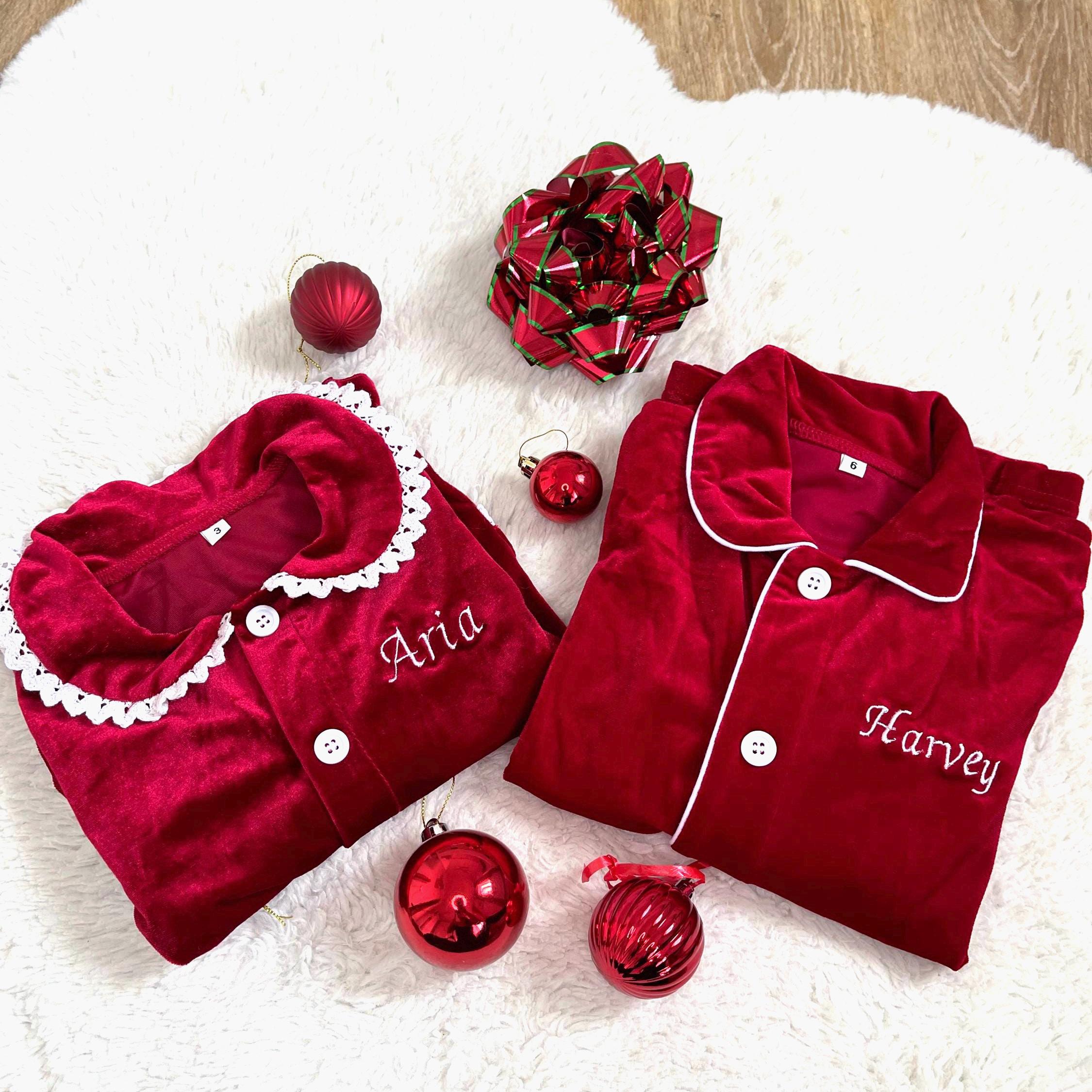 Personalized Velvet Christmas Kids Pyjamas Red Ruffle Pyjamas Set for Girls and Boys, Xmas Eve Personalized with Name Embroidery